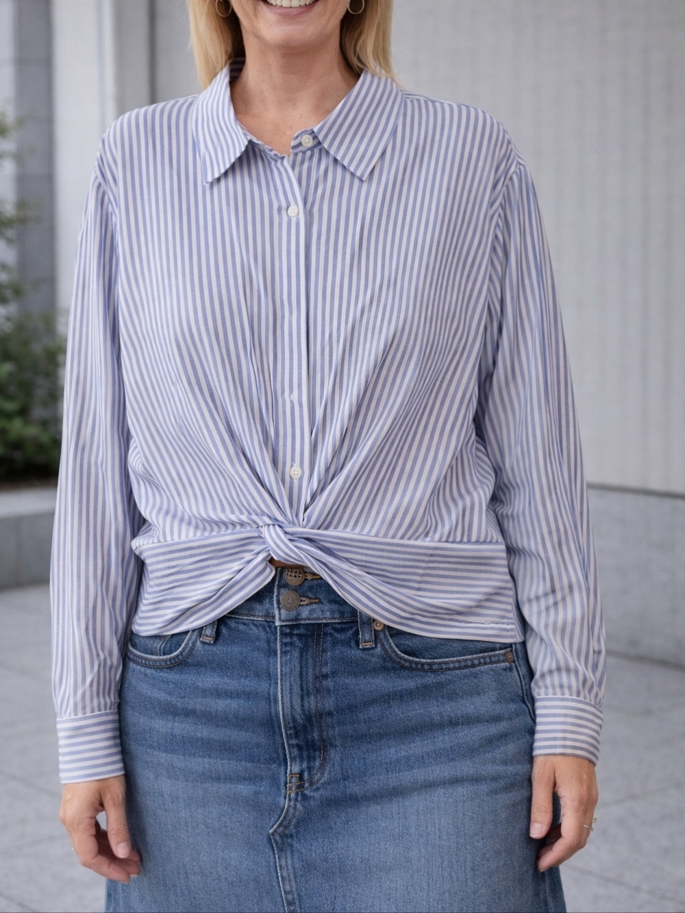 Soncy Blue & White Striped Twist-Front Button-Down Top Sz 22/24 Academia NWT